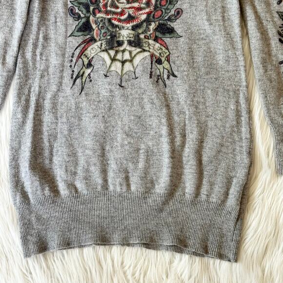 Ed Hardy Vintage Y2K Sweater by Christian Audigier Flower Bird Skull Tattoo Gray - Picture 3 of 13